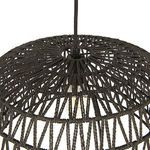 Close-up top view of black woven paper rope detailing around pendant light socket