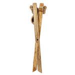 Opposite side view of folded stool showing side profile of woven seat and wooden frame