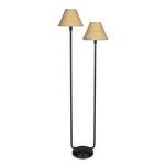 Polly Blackened Brass Floor Lamp with two woven rattan shades and asymmetrical blackened brass base