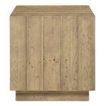 Jasper accent table made of reclaimed pine with visible knots, nail holes, and a pedestal base in a natural wood finish.