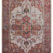 Vintage style rug with distressed rust and beige medallion pattern and floral detailing in multiple rich tones