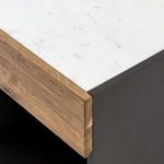 Close-up corner showing junction of white polished marble top and smoked oak drawer front