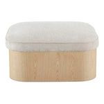 Sonny ottoman front view with ash veneer base and oatmeal fabric top with piping