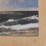 Detailed close-up of brushstroke texture showing ocean waves and artist’s initials on paper