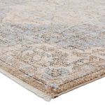 Close-up corner view showcasing rug texture, short cream fringe, and color blending of tan and blue tones