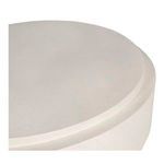 Close-up detail showing textured top and smooth side surface of white concrete table