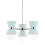 Full view of the Gillian 3 Light Semi Flush Mount with three aqua blue shades and glass bulbs on metal frame