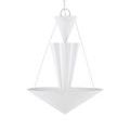 Front view of chandelier with soft light glowing from inside center shade