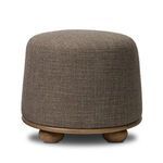 Bilbury Ottoman with tapered shape, rounded base, sandy solid oak bun feet, wool/cotton blend fabric upholstery in brown