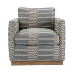 Allie Swivel Chair with blue and beige geometric striped fabric and wooden swivel base, square arms and cushioned back