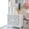 Bucolic Bowls styled on white console table with lamp, gold vase, and floral wall mural