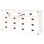 Side view showing top middle drawer flipped down revealing cord management hole
