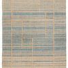 flat-woven rectangular rug with natural brown and blue striped geometric pattern
