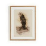 Framed abstract watercolor painting with dark, vertical smoke-like shapes on beige textured paper