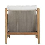 Back angle highlighting vertical gray rope weaving and tapered teak chair legs