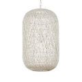 Pendant front view showing transparent bulb within creamy wrapped frame