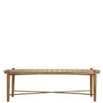 Front view of teak coffee table showing low profile and brass crossbar detail