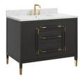 marble-topped vanity showing gold tone faucet handles and rectangular undermount sink close-up