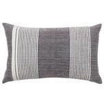 Rectangular black and cream striped outdoor pillow with textured woven ticking stripe design