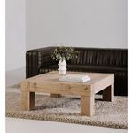 Evander coffee table styled with books and a white vase on a textured rug with black leather sofa