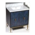 Vanity with brass faucet fixtures installed on marble countertop