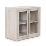 Bradley two-door oak wood cabinet with glass panels and adjustable shelves in a light wood finish
