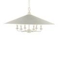 Side angle of chandelier without bulbs lit, showing six evenly spaced bulb holders inside snow white conical shade