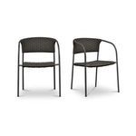 Set of two dark gray outdoor dining chairs with woven basketweave hyacinth seats and backs on slim metal frames