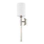 Polished nickel wall sconce with a slim metal stem and cylindrical white fabric shade, featuring faux nail head details