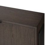 Close-up of the rubbed black oak wood top and metal side support