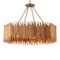 Front close-up of chandelier showing lit bulbs behind staggered rattan ribs
