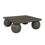 Square coffee table in dark wood with distinctive round ball-like legs supporting a flat top