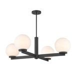 4-light chandelier angled view showing matte black arms and glowing glass orbs