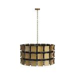 Full side view showing cylindrical shape and layering of black iron and antique brass on chandelier