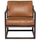 Lian Upholstered Desert Leather Occasional Chair with seared oak geometric frame and tan leather cushions