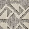 Close-up of rug surface highlighting the woven wool and cotton texture of the geometric pattern