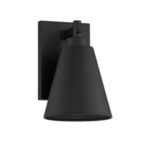 Outdoor wall lantern with shade slightly tilted downward showing bottom edge
