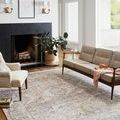 rug styled in a living room with beige sofa, fireplace, and natural light