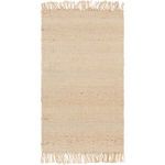 Rectangular thinner jute rug with tighter weave and more prominent fringed edges