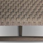 Close-up of woven rope texture on table top with wooden stretcher centrally beneath