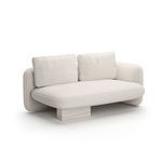 Overlap right facing loveseat in tranquil ecru linen with rounded arms and a stone base