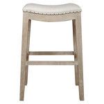 Harper Barstool with bisque French linen saddle seat and natural stone wash oak legs with distressed texture