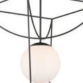 Close-up of black metal frame and milky white globe showing delicate curved design and mounting detail