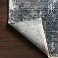 Corner of Samra Charcoal / Sky Rug flipped to show woven polypropylene backing and fringe edge