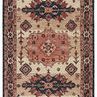 Full rug front-facing with intricate cream, dusty rose, and blue medallion and border details