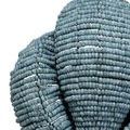 Close-up showing texture and details of gray mango-wood beads strung on metal wire