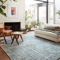 Yeshaia Lagoon / Mist Rug styled in modern living room with white walls and wooden furniture
