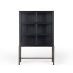 Front view of Spencer Curio Cabinet showing closed doors and metal base with horizontal support bars