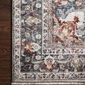 Samra Ivory / Denim Rug with intricate floral pattern and denim blue, ivory, and rust accents on hardwood floor