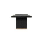 End view emphasizing the plank construction of the black pine top and solid leg with light base trim